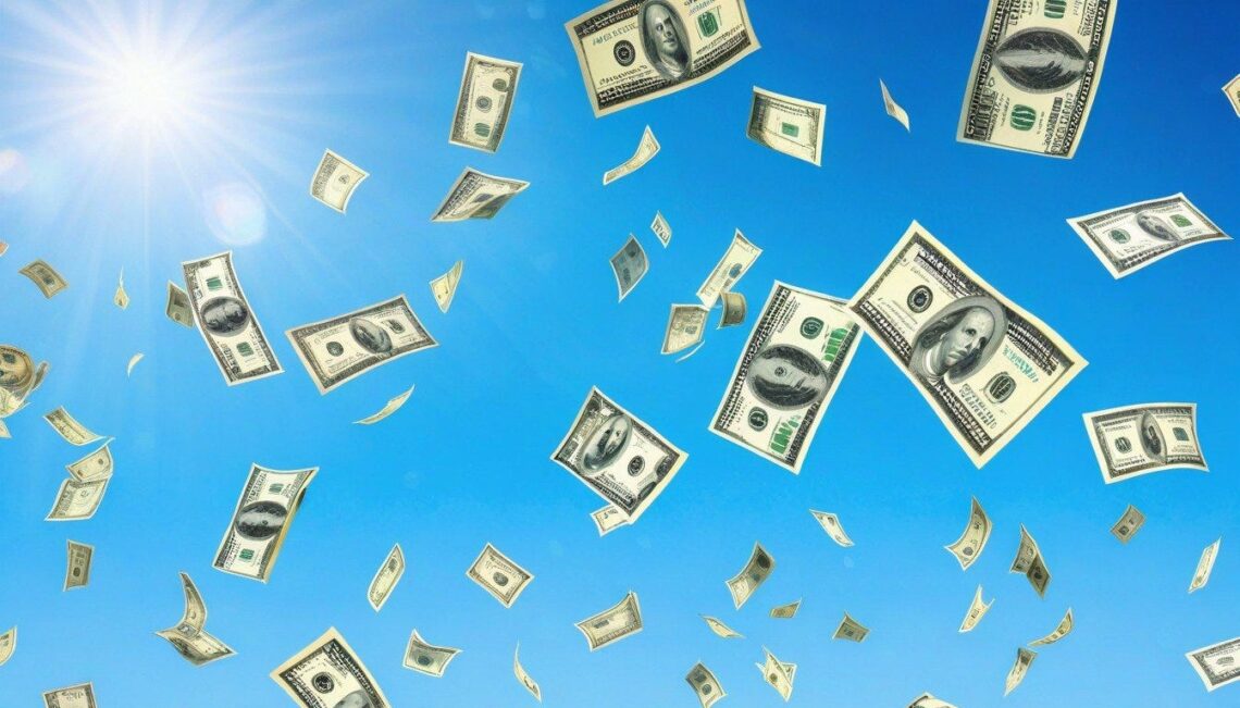 U.S. dollar bills of varying denominations float against a clear blue sky under sunlight, as if illustrating the journey of "How to Make a Million Dollars?" The money appears to be falling or flying, with bright light illuminating the entire scene, creating a sense of movement and high energy. | MAKE1M