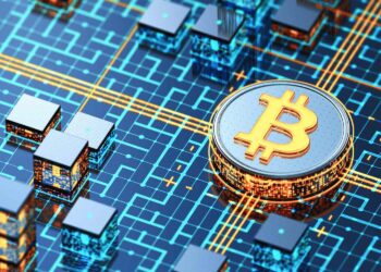 A digital rendering of a Bitcoin symbol on a circuit board-like surface, representing blockchain technology and cryptocurrency. The image features interconnected lines and nodes, highlighting the digital and decentralized nature of Bitcoin transactions, as if visualizing the path to becoming a crypto millionaire. | MAKE1M