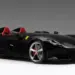 A sleek black Ferrari Monza SP2 sports car with red interior, seen from a three-quarter front view. The car features a low-profile design, large silver wheels with red brake calipers, Ferrari logo on the side, and an open-top, two-seat configuration. | MAKE1M