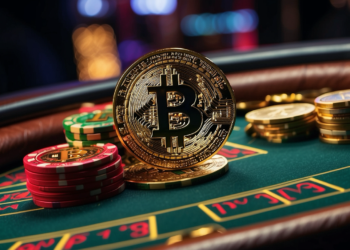 A shiny golden Bitcoin stands upright in the foreground, surrounded by colorful poker chips on a green casino table. The background, evoking the lively ambiance of a crypto casino, features a blurred arrangement of more poker chips, dim lighting, and hints of vibrant casino lights. | MAKE1M