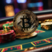 A shiny golden Bitcoin stands upright in the foreground, surrounded by colorful poker chips on a green casino table. The background, evoking the lively ambiance of a crypto casino, features a blurred arrangement of more poker chips, dim lighting, and hints of vibrant casino lights. | MAKE1M