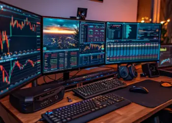 A multi-monitor computer setup displays various financial charts and data on the screens, potentially suggesting ways you can get rich from stocks. The wooden desk also holds a keyboard, mouse, headphones, and other electronic devices, all arranged neatly. The room is softly lit, creating a focused work environment. | MAKE1M