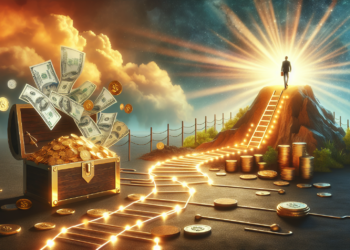 A glowing path made of golden coins and stairs leads to a radiant figure standing on a hilltop. A chest filled with cash and gold coins spills over beside the path, which promises the way to make million dollars, surrounded by stacks of coins under a dramatic sky with clouds and sunlight. | MAKE1M