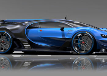 A sleek, futuristic blue and black Bugatti sports car with intricate design details, low profile, and aerodynamic curves. The car is positioned sideways, showcasing its stylish rims, large rear spoiler, and sharp headlights against a grey gradient background. Perfect for enthusiasts of luxury cars. | MAKE1M