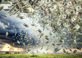 A whirlwind of dollar bills swirls above a grassy field under a dramatic sky with dark clouds and a glimpse of sunlight breaking through. The money appears to be caught in a powerful vortex, creating a dynamic and chaotic scene, reminiscent of the ambitious goals at Make1M.com. | MAKE1M