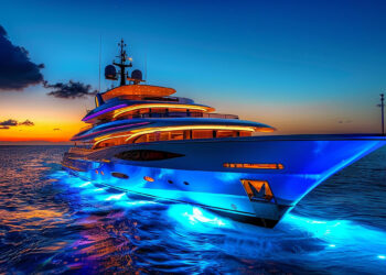 A luxurious Make1m.com Luxury Yachts cruises through the water at dusk, illuminated by vibrant blue lights underneath and golden lights on its decks. The sky is a gradient of orange and blue as the sun sets, with a dark cloud visible to the left. | MAKE1M
