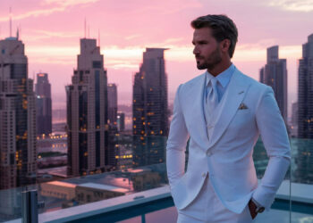 A man in a white suit stands on a balcony overlooking a cityscape with modern high-rise buildings at sunset. The sky is a blend of pink and purple hues, and the city lights are beginning to turn on as evening approaches. Immersed in thought, he ponders his journey to the Make1m.com Millionaire Life. | MAKE1M