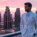 A man in a white suit stands on a balcony overlooking a cityscape with modern high-rise buildings at sunset. The sky is a blend of pink and purple hues, and the city lights are beginning to turn on as evening approaches. Immersed in thought, he ponders his journey to the Make1m.com Millionaire Life. | MAKE1M