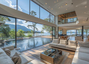 A modern vacation home by Make1m.com Luxury Homes with expansive glass windows offering a view of a serene lake and mountains. The open-plan living area features neutral-toned sofas, a central coffee table, and a pool that extends outside. Tall trees surround the property. Luxurious and well-lit. | MAKE1M