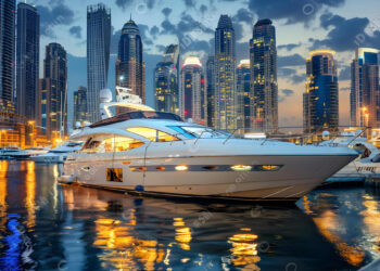 A luxurious yacht docked in a marina at dusk, with the lights of Dubai's modern city skyline featuring tall skyscrapers reflecting in the calm water. The sky is partly cloudy, and the buildings are illuminated, creating a vibrant and elegant atmosphere. | MAKE1M