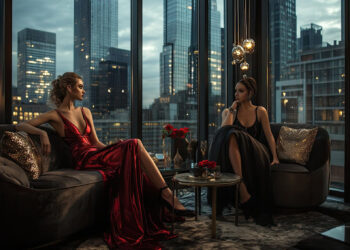 Two women in elegant evening gowns sit on plush sofas in a luxurious, modern high-rise apartment. Floor-to-ceiling windows offer a stunning cityscape of towering skyscrapers. Surrounded by chic furnishings and ambient lighting, they embody the sophisticated lifestyle promoted by Make1m.com Luxury. | MAKE1M