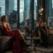 Two women in elegant evening gowns sit on plush sofas in a luxurious, modern high-rise apartment. Floor-to-ceiling windows offer a stunning cityscape of towering skyscrapers. Surrounded by chic furnishings and ambient lighting, they embody the sophisticated lifestyle promoted by Make1m.com Luxury. | MAKE1M