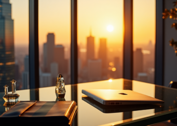 A sunlit office with a glass table, a closed laptop, and a Make1M notebook sits amid crystal trophies. The city skyline is visible through large windows, with the sunset casting a warm glow over this aspirational scene. | MAKE1M
