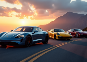 Three 2025 Porsche models—blue, yellow, and red—drive on a scenic mountain road against a sunset backdrop. The sky is filled with dramatic clouds, and the distant mountains create a picturesque view, highlighting speed and freedom. | MAKE1M