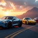 Three 2025 Porsche models—blue, yellow, and red—drive on a scenic mountain road against a sunset backdrop. The sky is filled with dramatic clouds, and the distant mountains create a picturesque view, highlighting speed and freedom. | MAKE1M