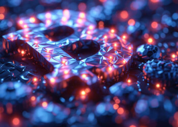 Illuminated abstract Bitcoin symbol with a geometric, crystalline surface. The background features a bokeh effect with glowing orange and blue lights, evoking the high-tech allure of a futuristic crypto casinos. | MAKE1M