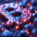 Illuminated abstract Bitcoin symbol with a geometric, crystalline surface. The background features a bokeh effect with glowing orange and blue lights, evoking the high-tech allure of a futuristic crypto casinos. | MAKE1M