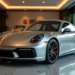 A sleek silver Porsche sports car is showcased in a modern showroom with large windows. The car boasts a polished design with black accents, parked on a glossy tiled floor. Soft lighting elegantly highlights its curves and contours. | MAKE1M