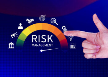 A hand forms a gun gesture pointing at a colorful semicircle displaying "Risk Management." Icons for business, communication, and analysis are around the semicircle. An arrow points to a midpoint. Background is blue with a subtle grid pattern. | MAKE1M