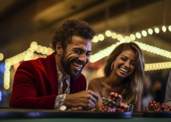 A man in a red velvet jacket and a woman are laughing at a casino table, surrounded by stacks of poker chips in the vibrant atmosphere. It feels like the thrill of online casinos has come to life amid blurred, warm lights. | MAKE1M