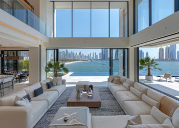 This spacious, modern living room in Dubai's luxury apartment features a large U-shaped sofa, coffee table, and floor-to-ceiling windows offering breathtaking views of the city skyline and waterfront. Indoor palm trees and an open-concept kitchen enhance the bright, naturally lit space. | MAKE1M