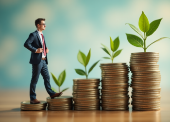 A man in a suit confidently walks on stacked coins, each topped with a growing plant, illustrating triumph over financial mistakes. The soft blue background emphasizes the journey toward success and getting richer. | MAKE1M
