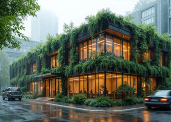 A modern two-story smart commercial steel building design with large glass windows covered in lush green vines glows warmly on a rainy day. Cars drive by on the wet street, and trees surround it, paving your path to a million-dollar portfolio. | MAKE1M
