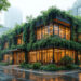 A modern two-story smart commercial steel building design with large glass windows covered in lush green vines glows warmly on a rainy day. Cars drive by on the wet street, and trees surround it, paving your path to a million-dollar portfolio. | MAKE1M