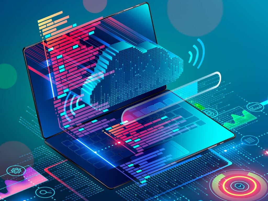 A stylized digital illustration of a laptop with colorful data streams and code flowing into a glowing cloud icon, representing cloud computing and data transfer, against a futuristic, tech-themed background with graphs and icons. | MAKE1M