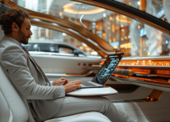 A man in a light grey suit works on a laptop inside a luxurious, futuristic car with a sleek high-tech interior and ambient orange lighting, parked in a modern, glass-walled environment. | MAKE1M