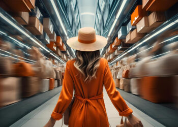 A woman in an orange dress and wide-brim hat walks through a modern, brightly lit corridor lined with blurred crowds and stacked luggage, creating a dynamic, fast-paced atmosphere. | MAKE1M