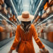 A woman in an orange dress and wide-brim hat walks through a modern, brightly lit corridor lined with blurred crowds and stacked luggage, creating a dynamic, fast-paced atmosphere. | MAKE1M