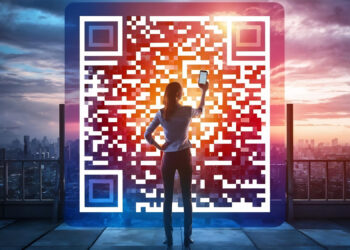 A woman stands on a rooftop at sunset, holding a smartphone up to a large, glowing QR code, with a city skyline in the background. | MAKE1M