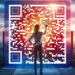 A woman stands on a rooftop at sunset, holding a smartphone up to a large, glowing QR code, with a city skyline in the background. | MAKE1M