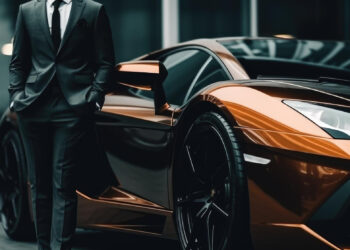A person in a dark suit stands beside a shiny orange sports car, possibly a luxury model, in an urban setting with modern glass buildings in the background. | MAKE1M