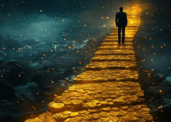 A person in a suit walks alone on a glowing golden path made of coins, surrounded by darkness and sparkling lights, creating a mystical, dreamlike atmosphere. | MAKE1M