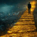 A person in a suit walks alone on a glowing golden path made of coins, surrounded by darkness and sparkling lights, creating a mystical, dreamlike atmosphere. | MAKE1M
