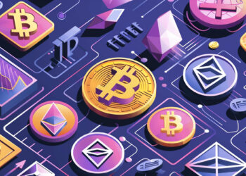 Various colorful cryptocurrency symbols, including Bitcoin, Ethereum, and others, are depicted as coins and icons on a dark digital circuit board background, representing digital currency and blockchain technology. | MAKE1M