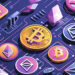 Various colorful cryptocurrency symbols, including Bitcoin, Ethereum, and others, are depicted as coins and icons on a dark digital circuit board background, representing digital currency and blockchain technology. | MAKE1M