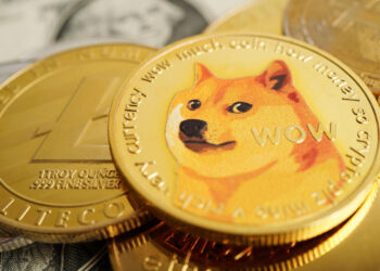 A close-up of several cryptocurrency coins, with a prominent Dogecoin featuring the Shiba Inu dog meme, surrounded by other coins and part of a U.S. dollar bill visible underneath. | MAKE1M
