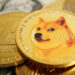 A close-up of several cryptocurrency coins, with a prominent Dogecoin featuring the Shiba Inu dog meme, surrounded by other coins and part of a U.S. dollar bill visible underneath. | MAKE1M