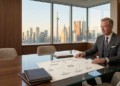 A businessman in a suit sits at a conference table in a modern office with large windows overlooking a city skyline. He reviews a flowchart document labeled "Workflow Optimization Strategy. | MAKE1M