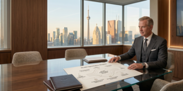 A businessman in a suit sits at a conference table in a modern office with large windows overlooking a city skyline. He reviews a flowchart document labeled "Workflow Optimization Strategy. | MAKE1M