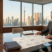 A businessman in a suit sits at a conference table in a modern office with large windows overlooking a city skyline. He reviews a flowchart document labeled "Workflow Optimization Strategy. | MAKE1M