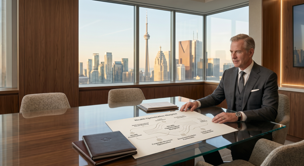 A businessman in a suit sits at a conference table in a modern office with large windows overlooking a city skyline. He reviews a flowchart document labeled "Workflow Optimization Strategy. | MAKE1M