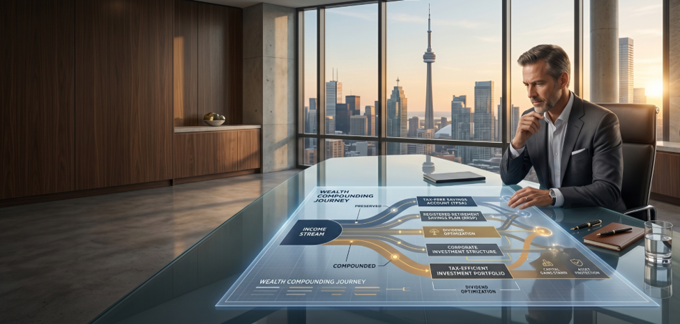 A businessman in a modern office overlooks a city skyline, studying a futuristic, illuminated financial flowchart projected on his desk, depicting investment strategies and wealth compounding journeys. | MAKE1M