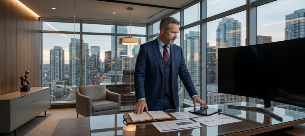 A businessman in a suit stands in a modern office with large windows overlooking a cityscape, reviewing documents on his desk and using a tablet. | MAKE1M