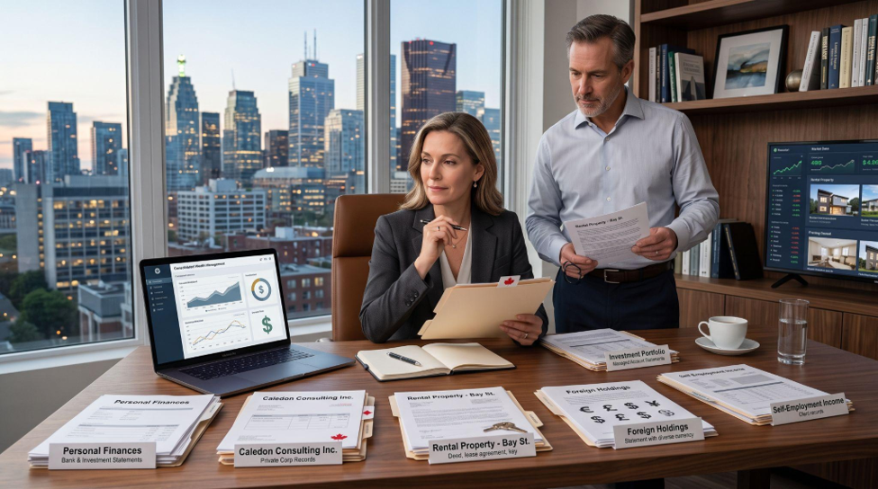 Two professionals in an office with city views analyze documents, charts, and a laptop displaying financial data. Their desk is covered with labeled folders and investment paperwork, as they strategize ways to maximize wealth through careful analysis and planning. | MAKE1M