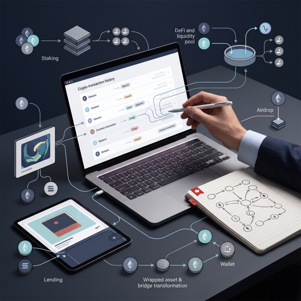 A person uses a stylus on a laptop displaying crypto transactions, surrounded by digital icons for staking, lending, pools, airdrops, wallets, and a tablet—carefully managing their wealth—while a notepad shows a blockchain diagram. | MAKE1M